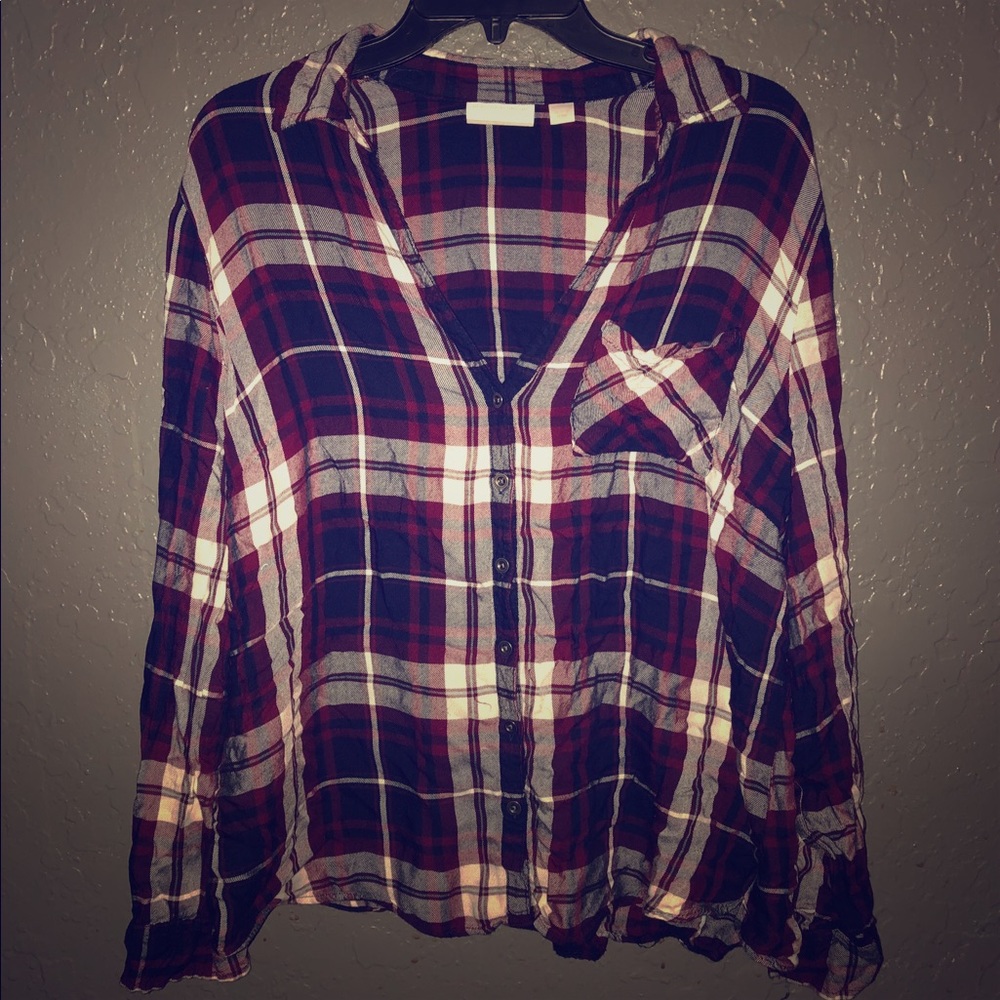Burgundy New York & Company Plaid Blouse